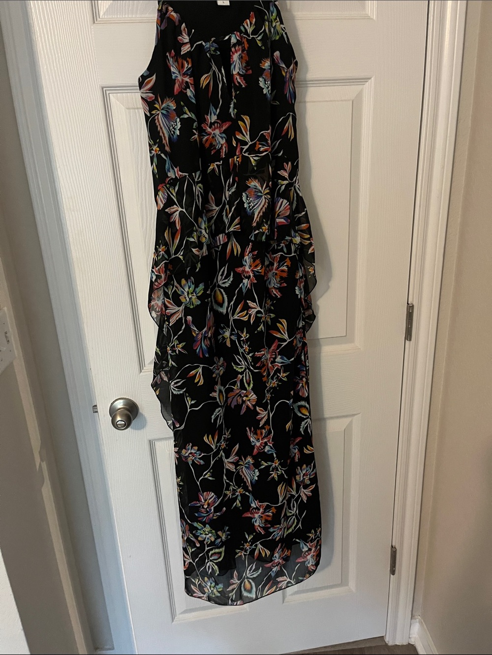 Bar III Black Floral Maxi Dress with Orange, Blue & Green Accents